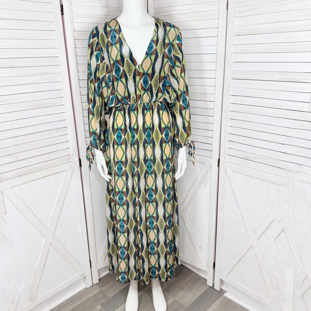 Zara Geometric Print Sateen Maxi Dress Green Blue Tan‎ Long Sleeve Small - Picture 2 of 13